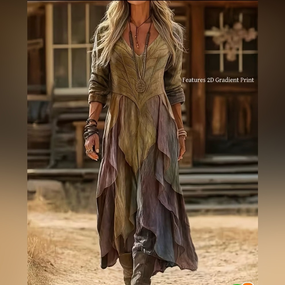 Bohemian Gradient Layered V-Neck Maxi Dress - Olive Multi